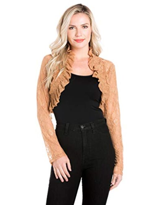 Fashion Secrets Junior`s Long Sleeve Lace Smoked Shrug Bolero, Cropped Jacket Short Cardigan