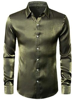 JOGAL Men's Shiny Satin Long Sleeve 70s Disco Shirt