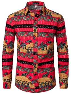 LucMatton Men's Linen Stylish Traditional Pattern Printed Long Sleeve Button up Shirt