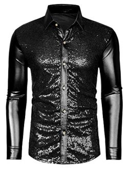 Lars Amadeus Men's Sequin Dress Shirt Button Down 70s Disco Party Sparkly Metallic Shirt