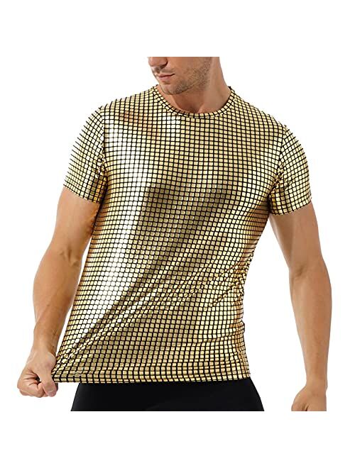 ACSUSS Men Shiny Metallic Dance Top Short Sleeve T-Shirt Night Club Music Festival Disco Costume