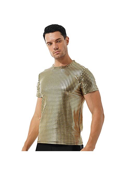 ACSUSS Men Shiny Metallic Dance Top Short Sleeve T-Shirt Night Club Music Festival Disco Costume