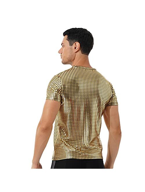ACSUSS Men Shiny Metallic Dance Top Short Sleeve T-Shirt Night Club Music Festival Disco Costume