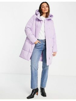 longline hooded padded coat in lilac