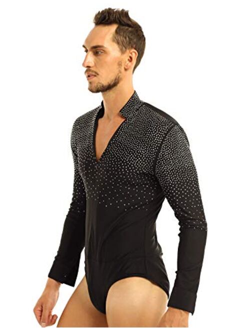 YiZYiF Men's Sequins V Neck Dance Shirts Unitard Ballroom Modern Latin Long Sleeve Dancewear