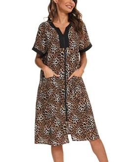 YOZLY Housecoat Womens Short Sleeve House Dress Zipper Front Duster Robe Lightweight Loungewear S-XXL