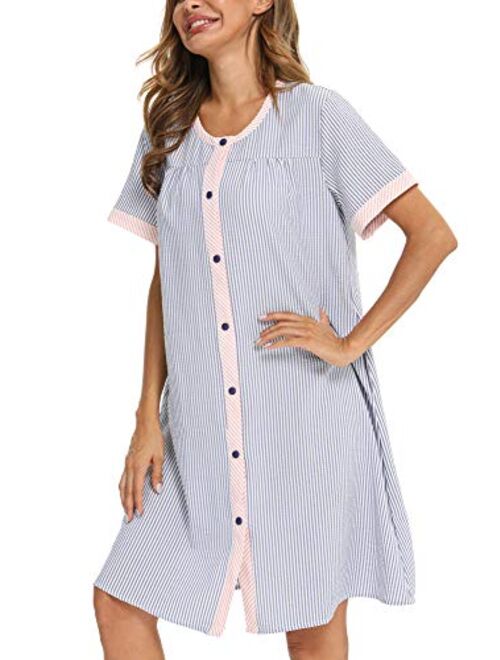 YOZLY House Dress Womens Short Sleeve Housecoat Duster Robe Button Down Nightgown S-XXL