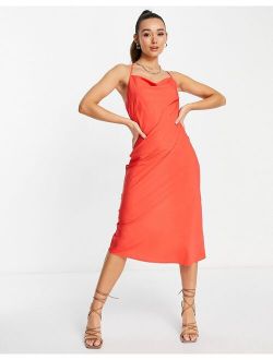 asymmetric strap cami midi dress in bright red