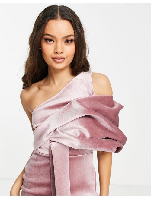 Asos Design Petite velvet peekaboo shoulder tuck midi pencil dress in rose pink