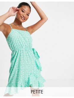 Petite frill cami dress in green ditsy floral