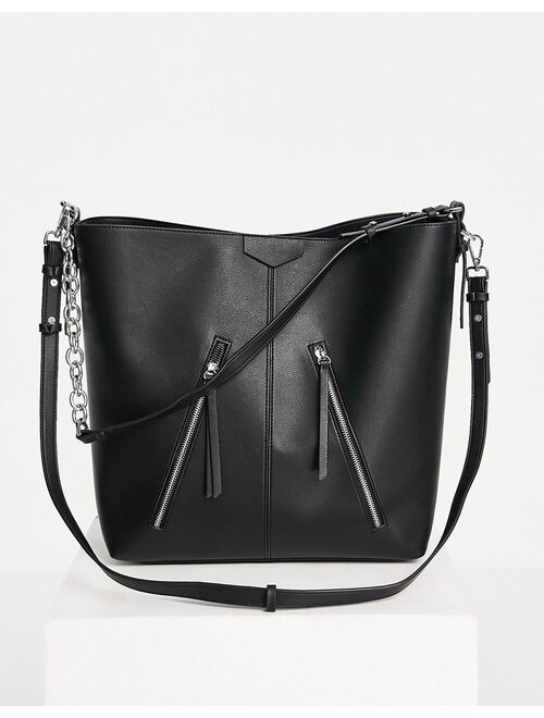 Topshop pu slouch shoulder bag with zips in black
