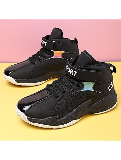 XIAOBAI Boys High-Elastic Ankle Support Non-Slip Children's Sports Shoes Velcro High-Top Outdoor Training Basketball Shoes
