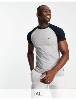 Tall cotton raglan t-shirt in light gray & navy