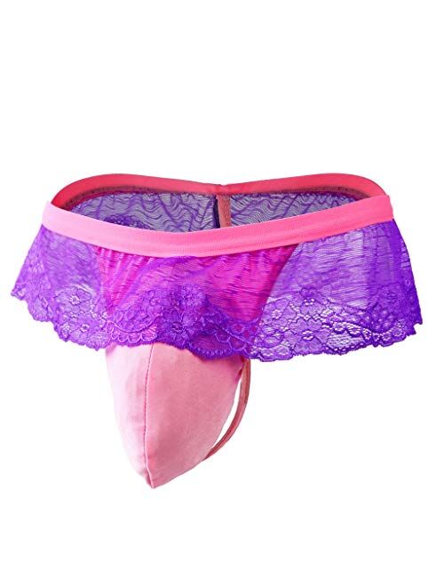 Extlps Transparent Lace Thong G-String Pouch Panties Underwear with Big Pocket for Sissy Mens