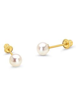 14k Yellow Gold 4-6mm Simulated Pearl Children Screw Back Baby Girls Earrings