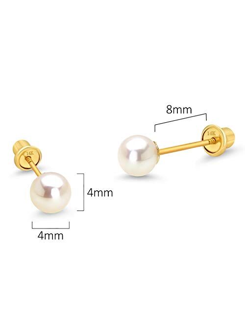 Lovearing 14k Yellow Gold 4-6mm Simulated Pearl Children Screw Back Baby Girls Earrings