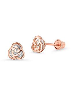 Rose Gold Tone Flower Cubic Zirconia Screwback Baby Girls Earrings Sterling Silver Post