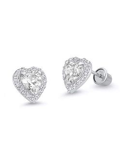 925 Sterling Silver Rhodium Plated Heart Cubic Zirconia Screwback Baby Girls Earrings