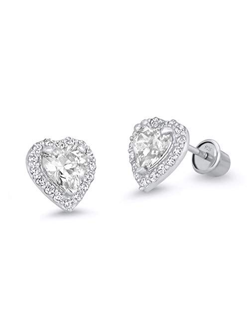 Lovearing 925 Sterling Silver Rhodium Plated Heart Cubic Zirconia Screwback Baby Girls Earrings