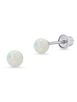 925 Sterling Silver Rhodium Plated 3, 4, 5mm Simulated Opal Screwback Baby Girls Earrings