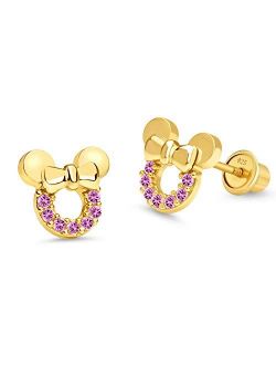 14k Gold Plated Brass Pink Mouse Cubic Zirconia Screwback Earrings with Sterling Silver Post