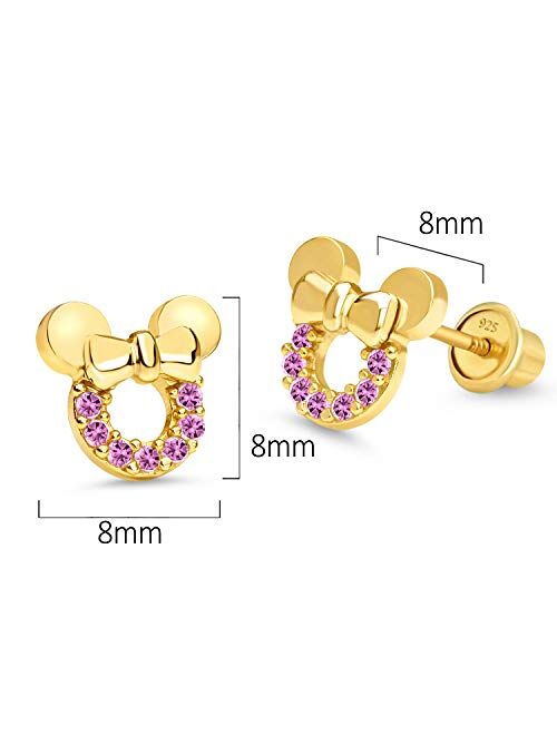 Lovearing 14k Gold Plated Brass Pink Mouse Cubic Zirconia Screwback Earrings with Sterling Silver Post