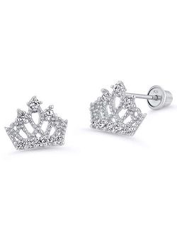 925 Sterling Silver Rhodium Plated Princess Crown Cubic Zirconia Screwback Baby Girls Earrings