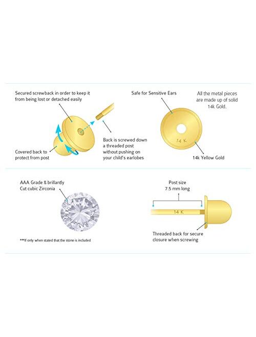 Lovearing 14k Yellow Gold 4mm Birth Month Round Basket Children Screwback Baby Girls Earrings