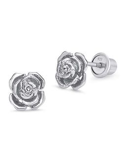 925 Sterling Silver Rhodium Plated Rose Cubic Zirconia Screwback Baby Girls Earrings