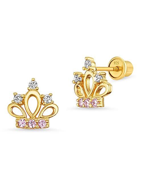 Lovearing 14k Gold Plated Brass Pink Cubic Zirconia Princess Crown Screwback Girls Earrings with Sterling Silver Post