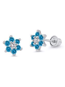925 Sterling Silver Rhodium Plated Flower Sky Blue Cubic Zirconia Screwback Baby Girls Earrings
