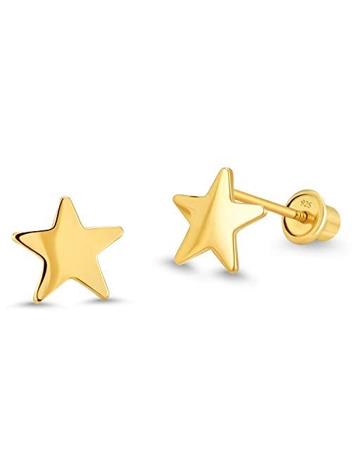 Lovearing 14k Gold Plated Brass Plain Star Screwback Baby Girls Earrings with Sterling Silver Post