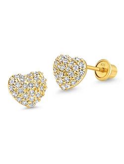 14k Gold Plated Brass Domed Heart Cubic Zirconia Screwback Girls Earrings with Sterling Silver Post