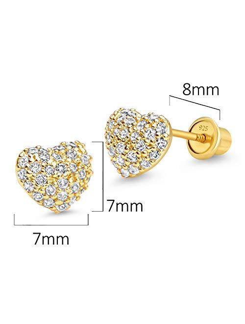 Lovearing 14k Gold Plated Brass Domed Heart Cubic Zirconia Screwback Girls Earrings with Sterling Silver Post