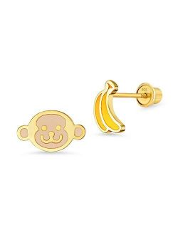 14k Gold Plated Enamel Monkey Banana Baby Girls Earrings with Sterling Silver Post