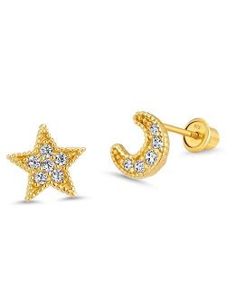 14k Gold Plated Brass Moon Star Cubic Zirconia Screwback Girls Earrings with Sterling Silver Post