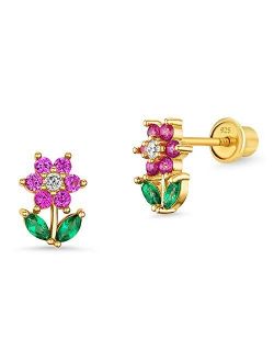 14k Gold Plated Brass Flower Cubic Zirconia Screwback Baby Girls Earrings with Sterling Silver Post