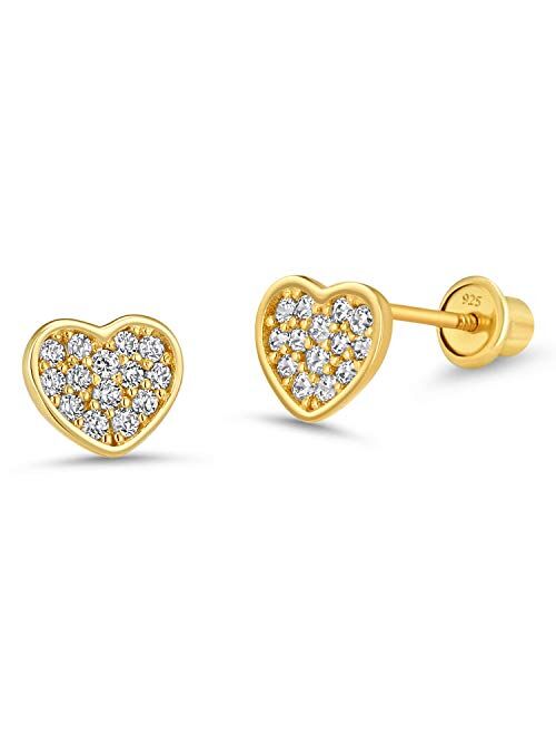 Lovearing 14k Gold Plated Brass Heart Cubic Zirconia Screwback Baby Girls Earrings with Sterling Silver Post