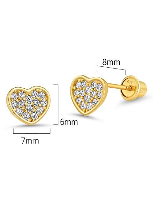 Lovearing 14k Gold Plated Brass Heart Cubic Zirconia Screwback Baby Girls Earrings with Sterling Silver Post