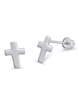 925 Sterling Silver Rhodium Plated Plain Cross Screwback Baby Girls Earrings