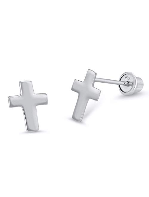 Lovearing 925 Sterling Silver Rhodium Plated Plain Cross Screwback Baby Girls Earrings