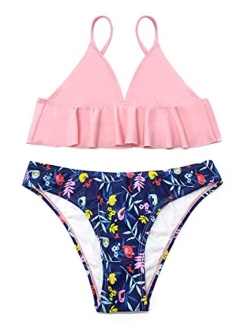 Girls Ruffle Flounce Triangle Bikini Print Bottom Two Piece Swimsuits