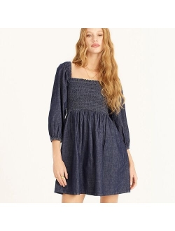 Smocked puff-sleeve dress in chambray