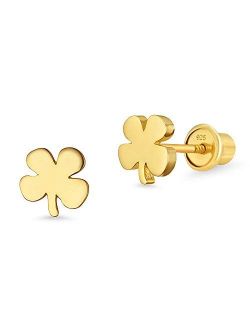 14k Gold Plated Brass Clover Screwback Baby Girls Earrings with Sterling Silver Post