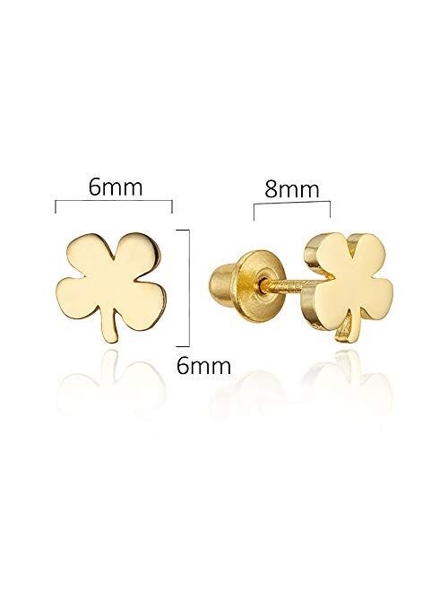 Lovearing 14k Gold Plated Brass Clover Screwback Baby Girls Earrings with Sterling Silver Post