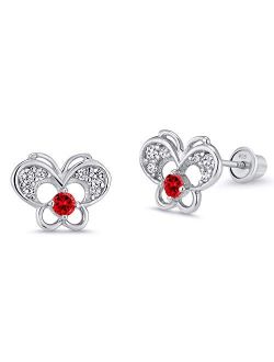 925 Sterling Silver Rhodium Plated Red Butterfly Cubic Zirconia Screwback Baby Girls Earrings