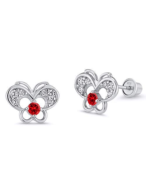 Lovearing 925 Sterling Silver Rhodium Plated Red Butterfly Cubic Zirconia Screwback Baby Girls Earrings