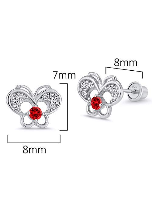 Lovearing 925 Sterling Silver Rhodium Plated Red Butterfly Cubic Zirconia Screwback Baby Girls Earrings
