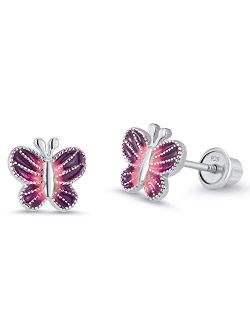 925 Sterling Silver Rhodium Plated Enamel Butterfly Screwback Baby Girls Earrings