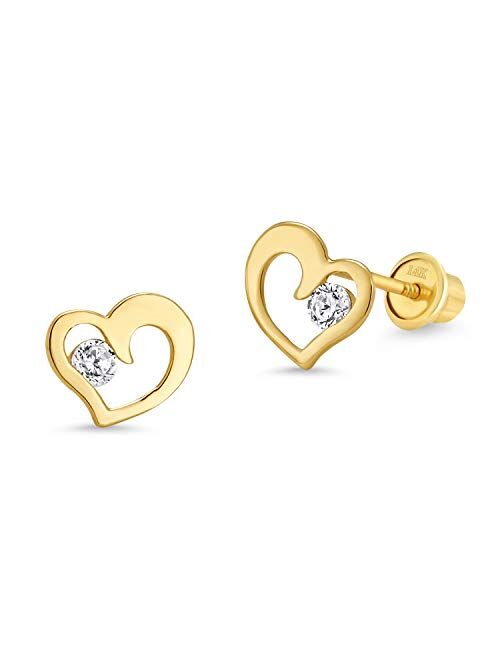 Lovearing 14k Yellow Gold Heart Children Cubic Zirconia Screwback Baby Girls Earrings